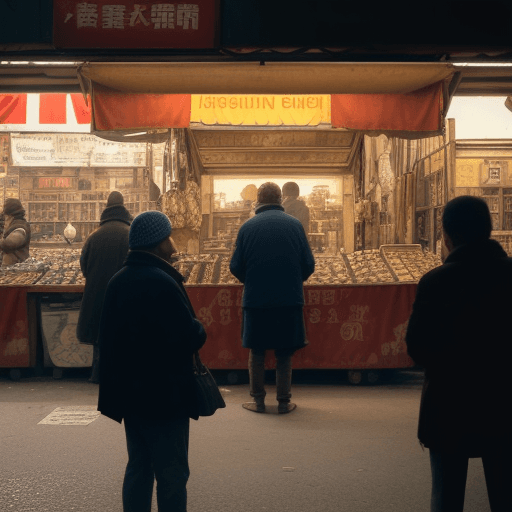AI generated: In the background, there is a seller standing behind his stall. He's watching a dense crowd passing ...