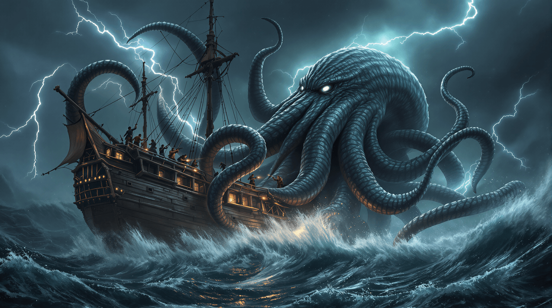 AI generated: a colossal Kraken rises from the stormy ocean, its massive, sinuous tentacles wrapping tightly aroun...