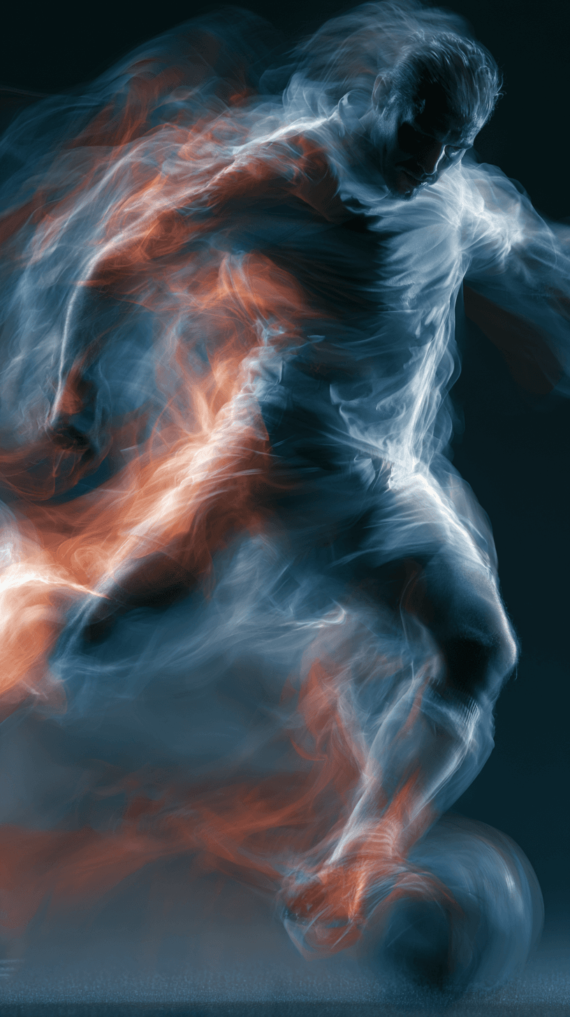 AI generated: motion blured portrait, soccer kicking mid-air, glowing in underfield lights, kinetic rhythm composi...