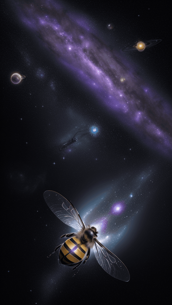 AI generated: {A honeybee electrified floats out off a black hole in the darkness of space, its wings buzzing soft...