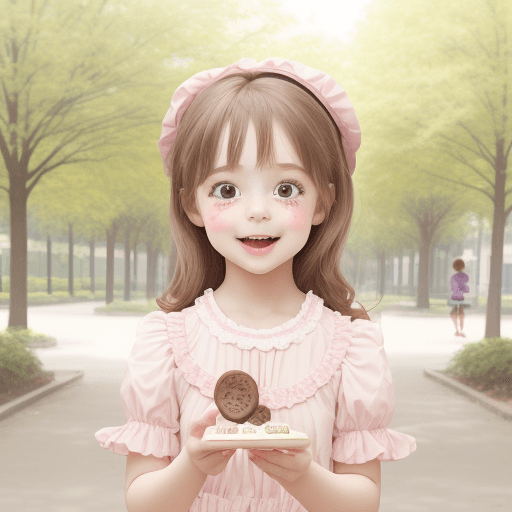 AI generated: cute kids a pastel outfit, holding a chocolat cookie play in a park, happy facial expression, profes...