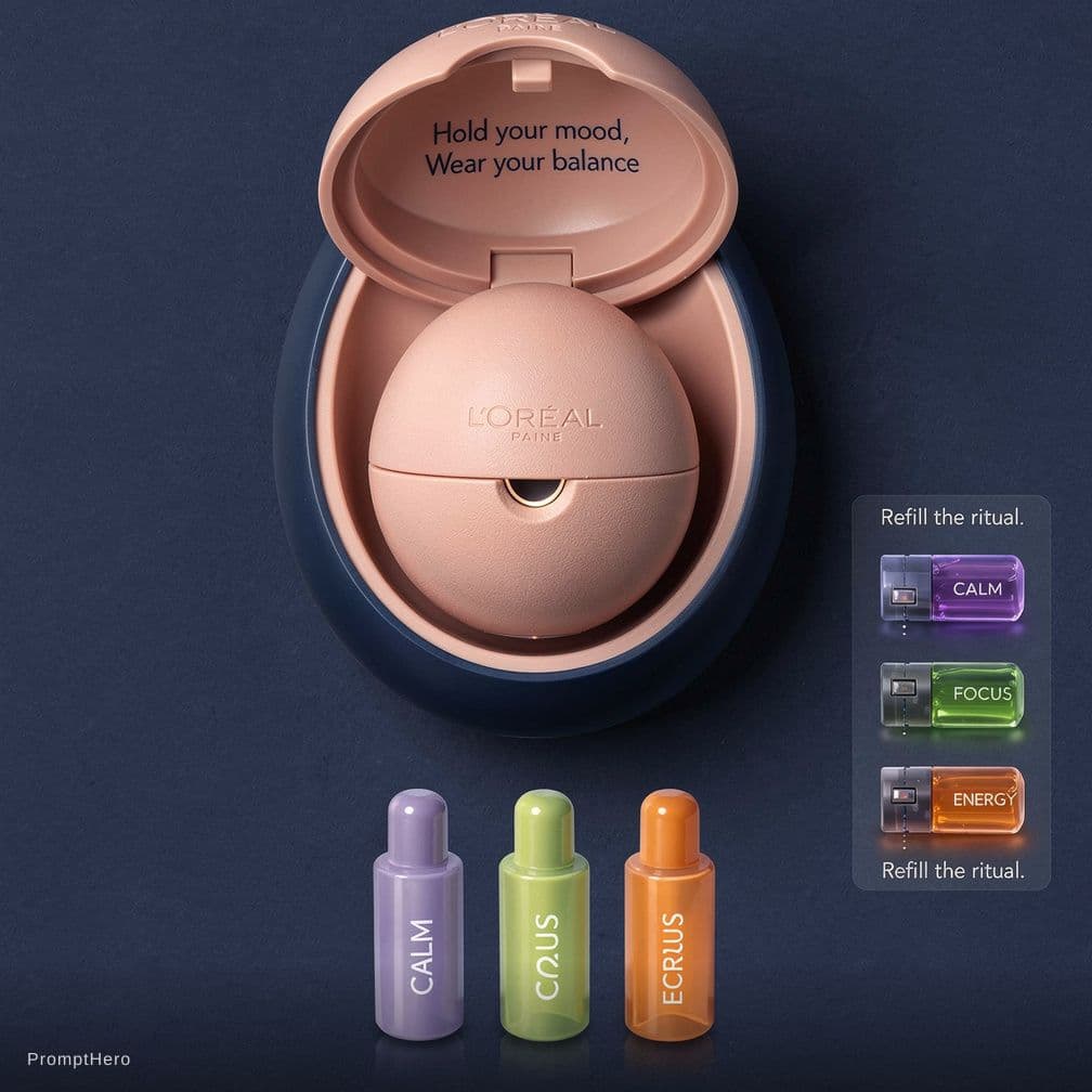 AI generated: Image of L'Oréal stress ball-shaped perfume. The color is Blush Nude.

- Top center: The orb body fi...