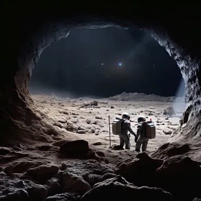 AI generated video: Two astronauts walk out of a moon cave. the camera follows them