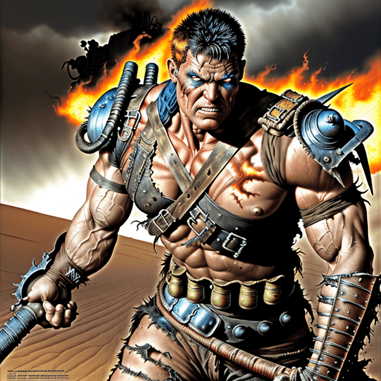 AI generated: mad max post apocalyptic  warrior, strong, muscular, flames, 8k, ultra realistic, vivid realistic li...
