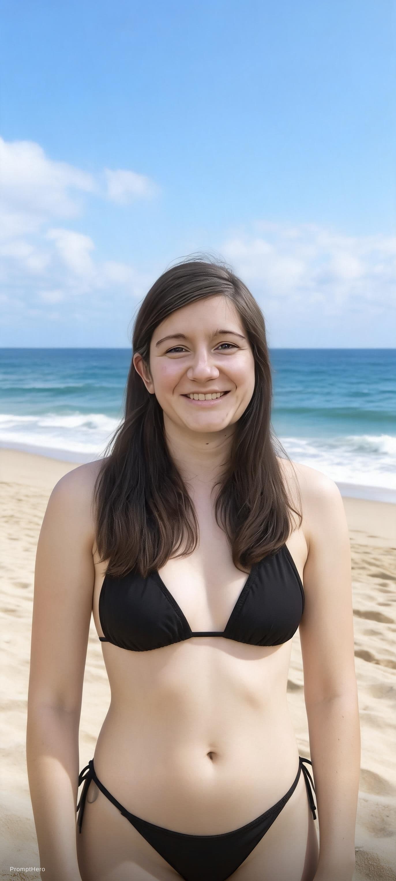 AI generated: Die Frau ist 18 Jahre alt und hat einen Bikini am Strand an.