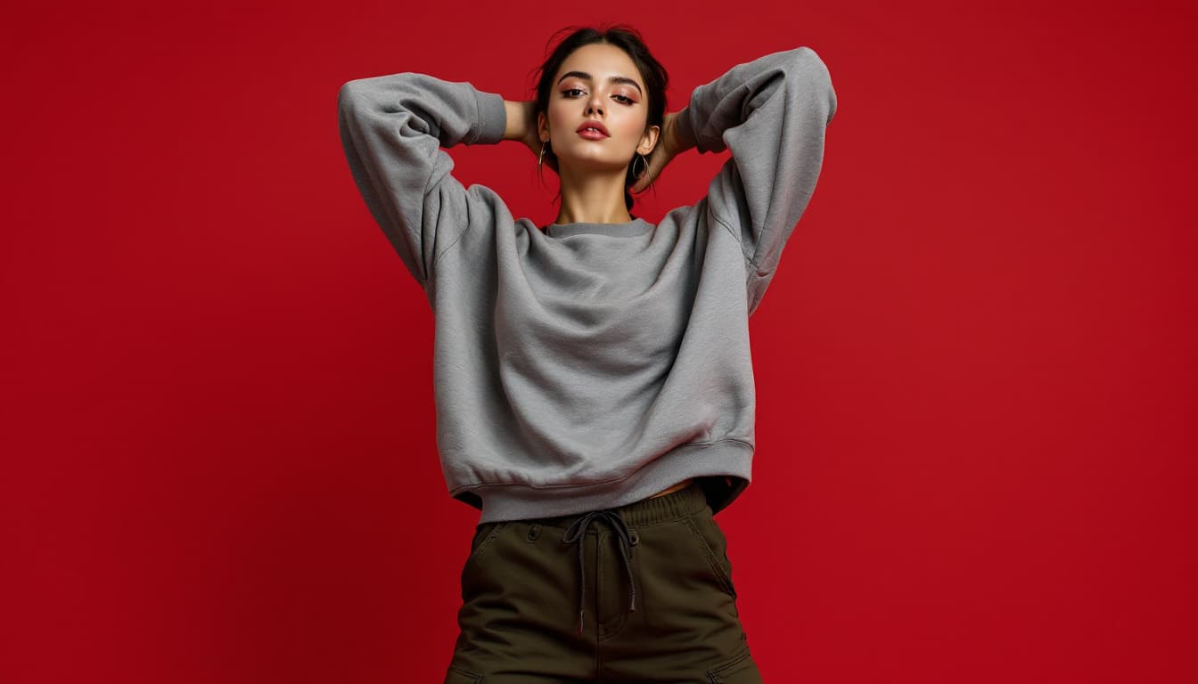AI generated: fashion photograph of a model posing minimalist set, model is styled in a streetwear yet chic outfit...