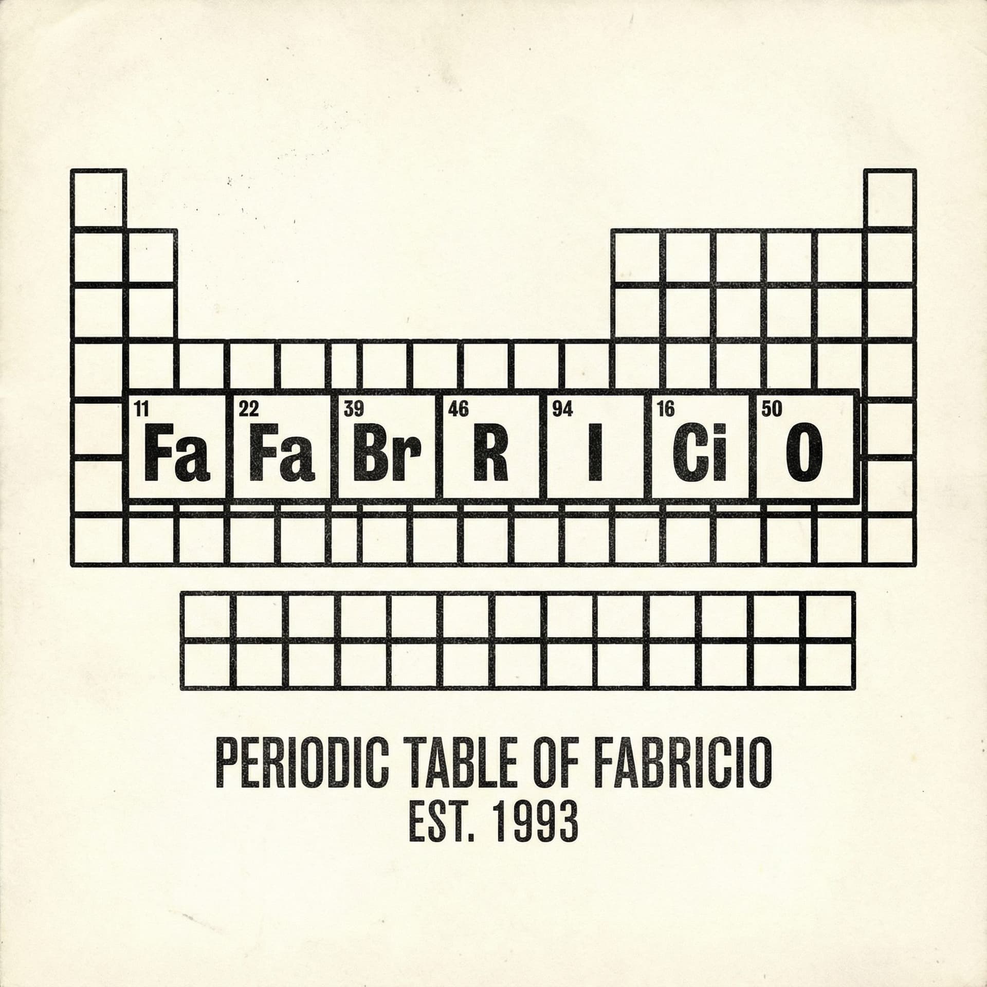 AI generated: Create a logo of the name "FABRICIO", in the shape of a periodic table, in the year 1993, in black c...