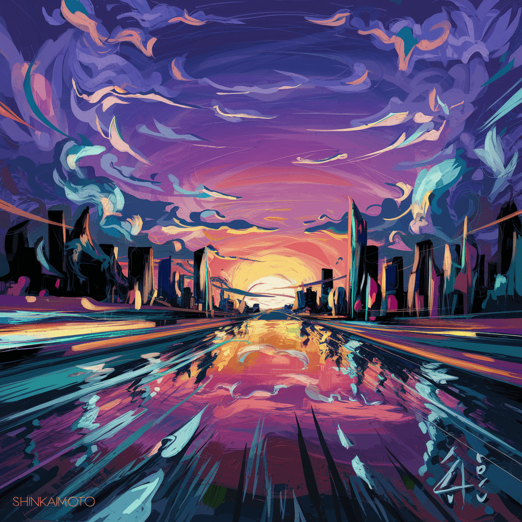 AI generated: vibrant animated landscape at dusk, featuring a dramatic purple sky with swirling clouds and vivid o...