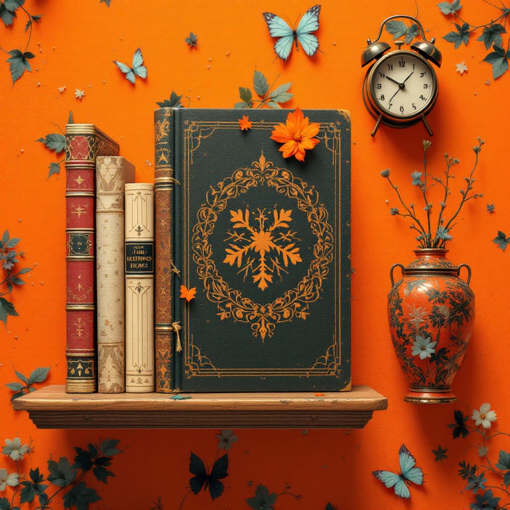 AI generated: fondo naranja del canvas, que tenga cuadernos y libros, si se puede en 3D mejor 