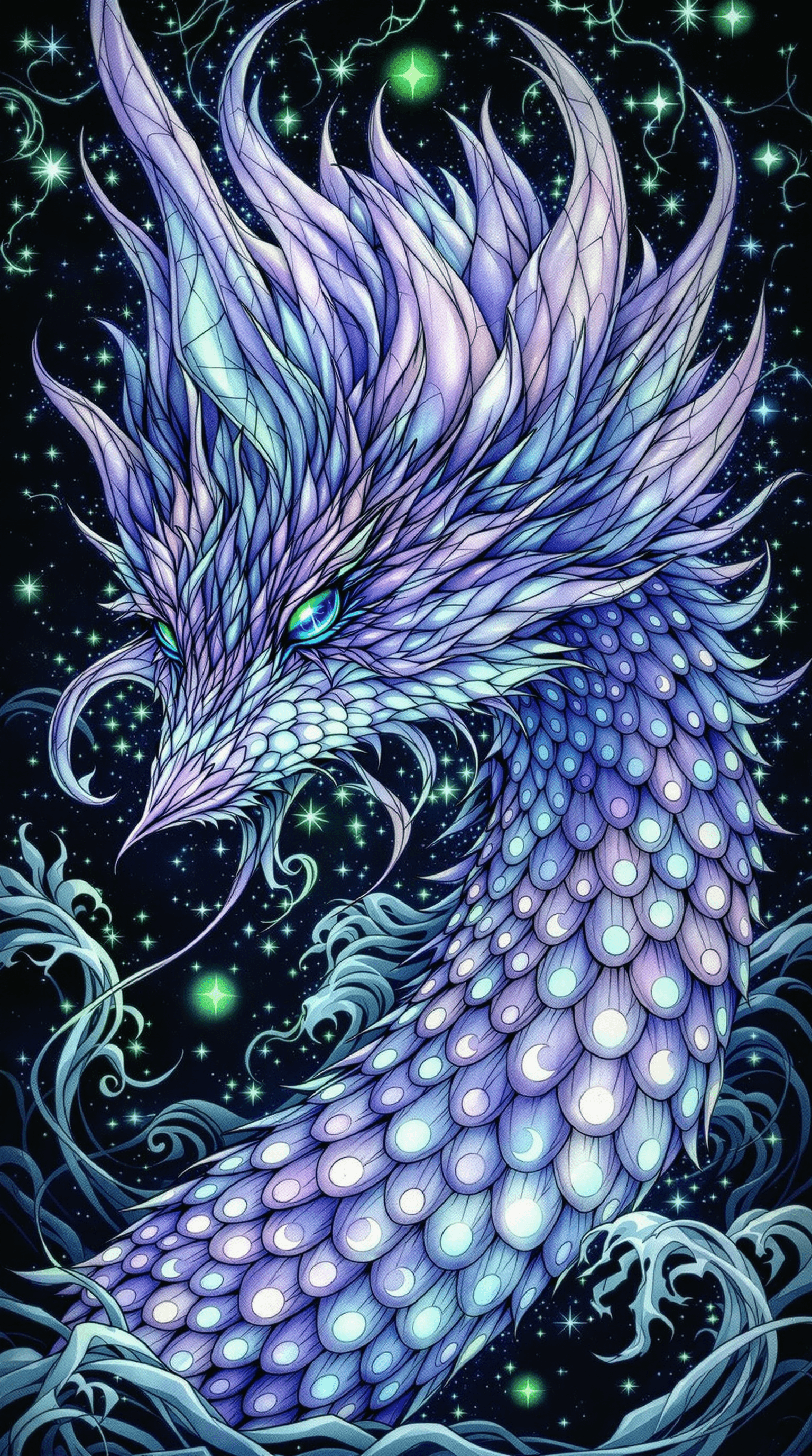 AI generated: An elusive fae with emerald eyes and gleaming lavender scales detailed with enchanting moon-shaped p...
