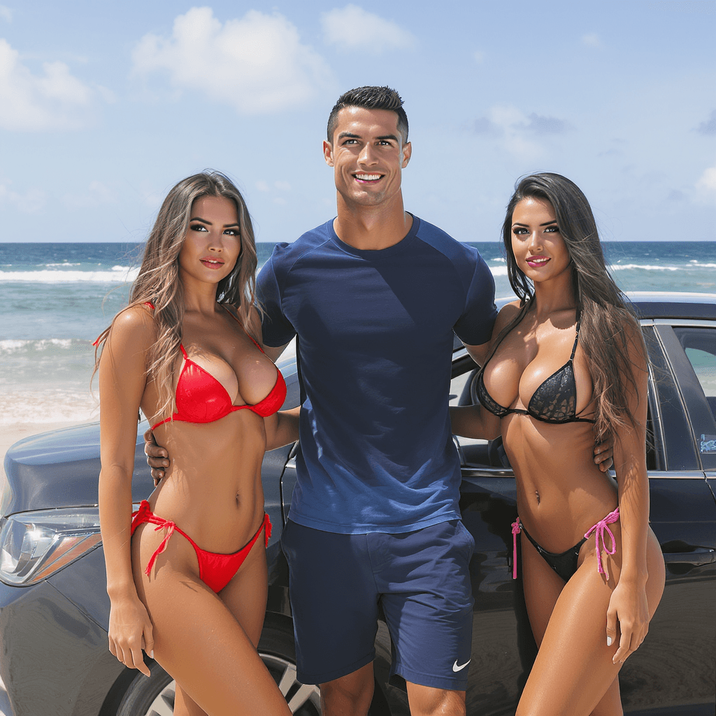 AI generated: Cristiano Ronaldo is standing with car and 3 sexy full shiny bikini girls standing with his and all ...
