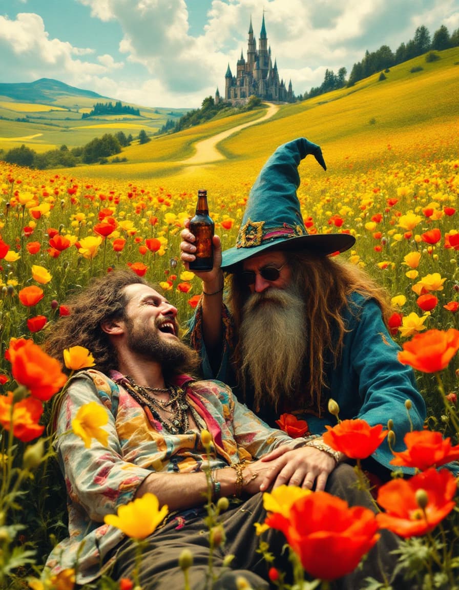 AI generated: a totally wasted  hippie with a dopey grin  in a field of poppies laying prone on ground while talki...