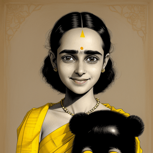 AI generated: Bearth taking ahir girl,with yellow sari,big eyes,wild smile,big forehead,sharp face, sharp noice,bl...