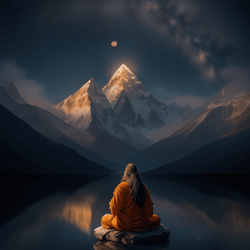 AI generated: A beautiful render of mountain landscape from nepal with golden moon light radiating from the top, c...