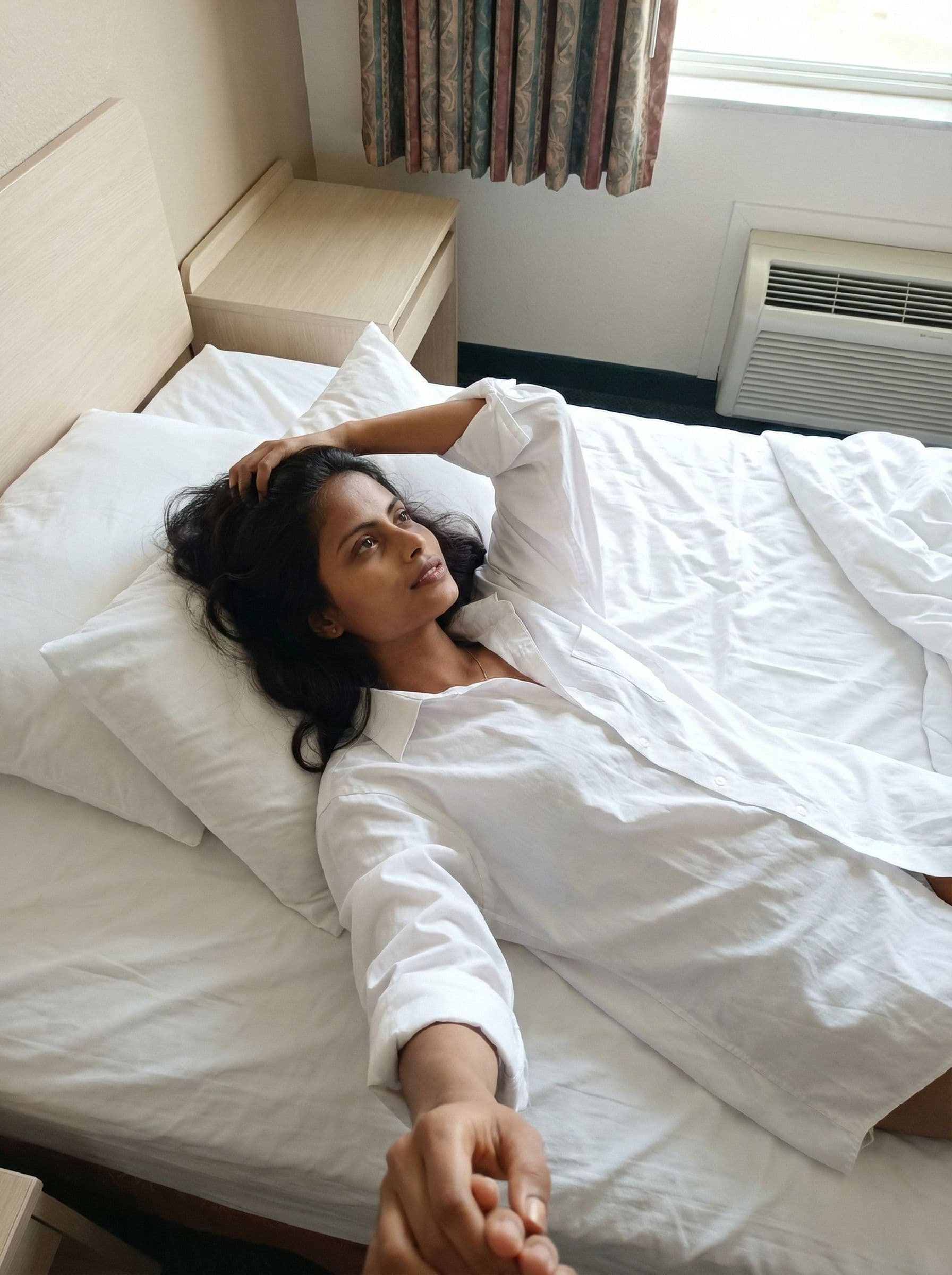 AI generated: .....Scene: Inside a modest motel room, on the bed amid rumpled white sheets. She lies back against ...