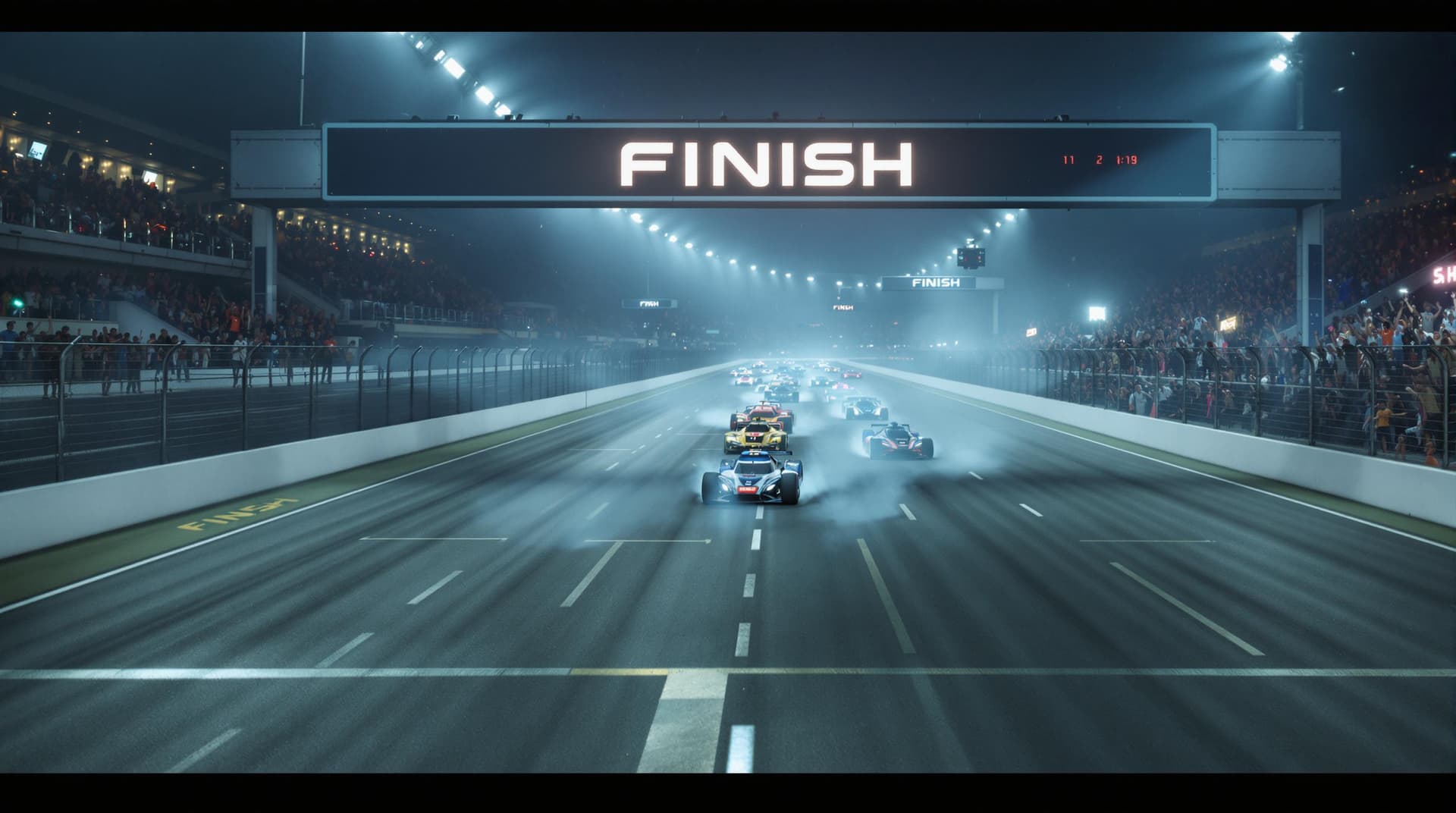 AI generated: The wide track is well lit.  Tension is increasing. A FINISH transporter over a wide race course and...