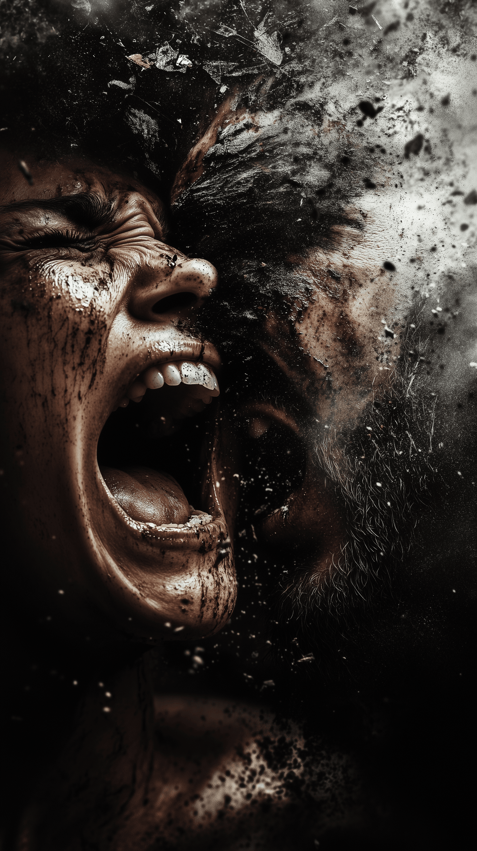 AI generated: A Dramatic, Dark Digital Portrait of a Woman Screaming at a Man