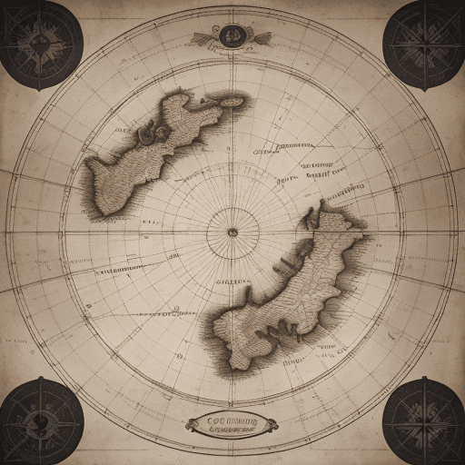 AI generated: three islnds old map map from the view of the islands a large kingdom circular black icon in the sty...