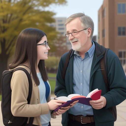 AI generated: college student speaking with middle-aged professor on campus about reading, sharing books, colourfu...
