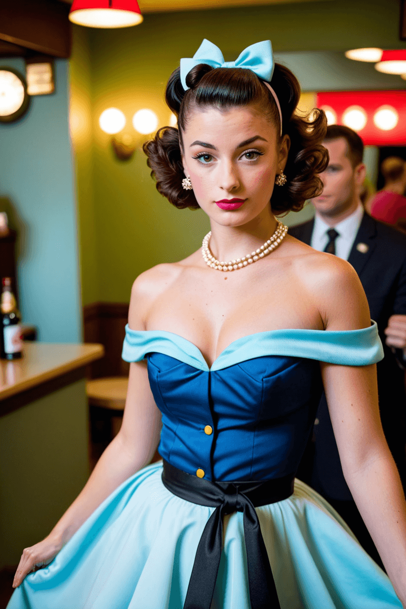 AI generated: 3/4 shot, photograph of, a 25 year old woman (dancing:1.3), with brunette hair in a pompadour style,...
