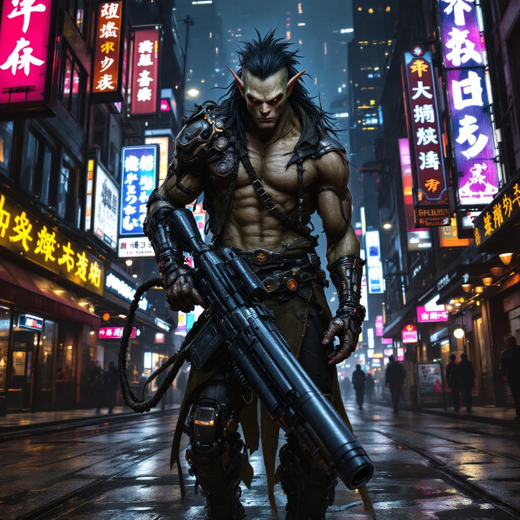 AI generated: photo of a male humanlike orc with cybernatic limbs, caucasian light skin,  holdig a mashinegun, cyb...