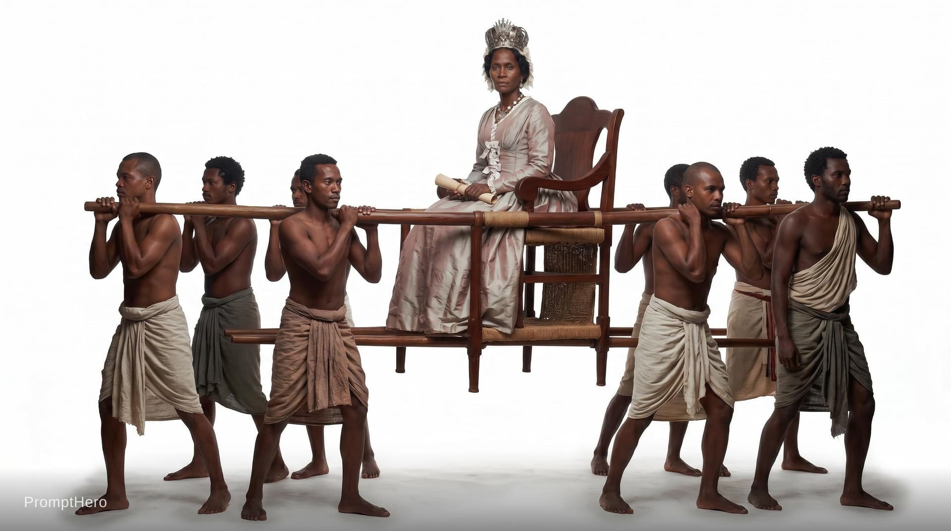 AI generated: can you add the woman from input image to be ride palanquin, known locally in Madagascar as a filanz...