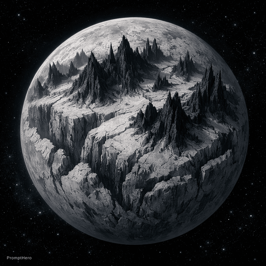 AI generated: a light grey planet with lots of deep canyons and extremely tall black mountains floating in the dar...