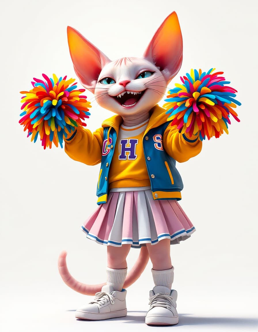 AI generated: whimsical paintings of CHAMBA, bryce 3D,full body,a chubby sphynx cat smiling with mouth open, dress...