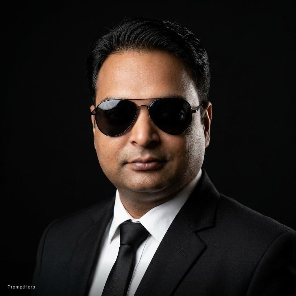 AI generated: A professional portrait of a young man wearing a black suit and sunglasses, studio lighting, dark bl...