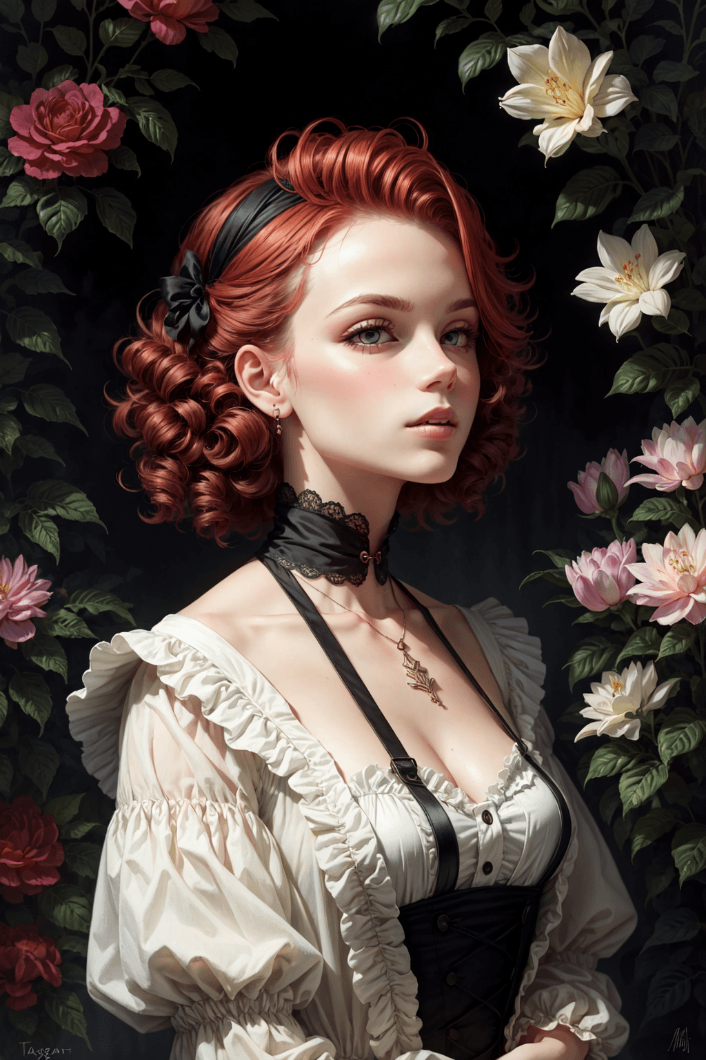 AI generated: portrait of Victorian 80s punk woman with red hair, a splash of pastel colors, plants, and flowers, ...