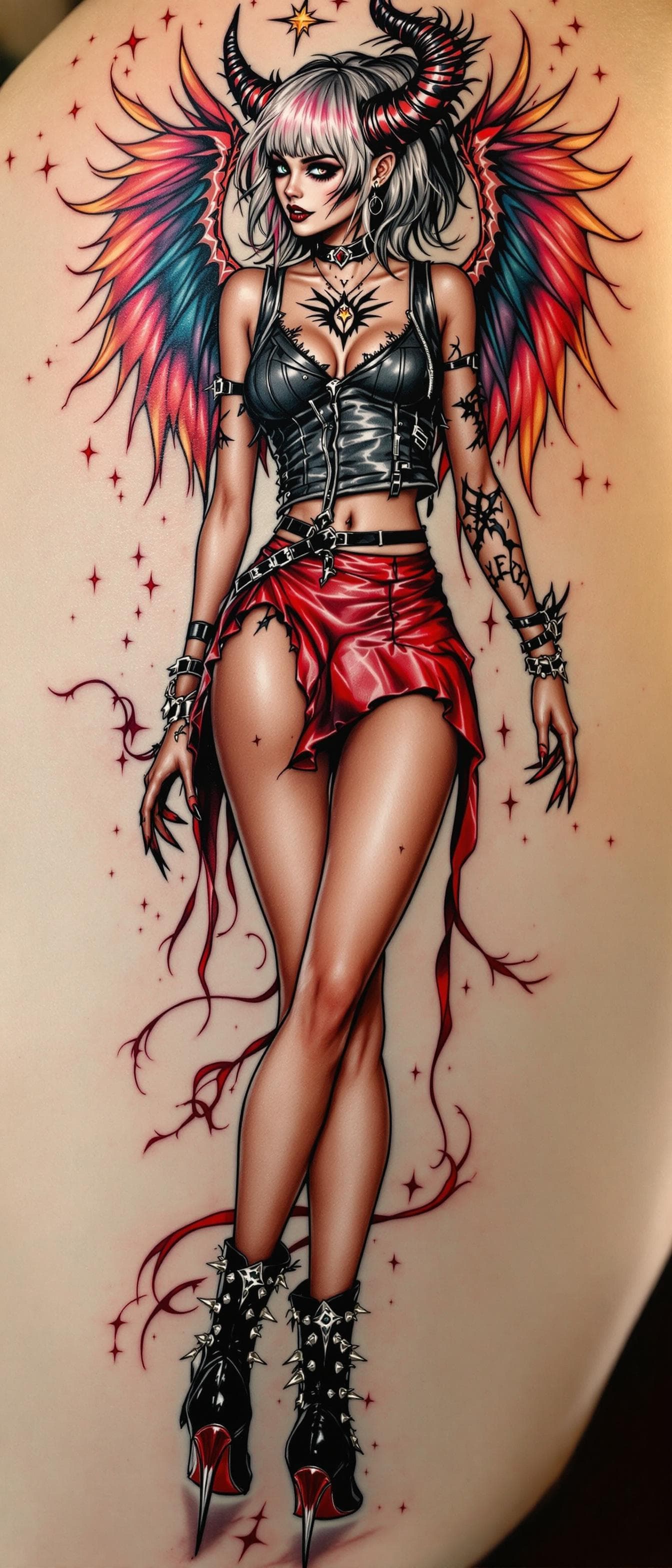 AI generated: A colorful sassy, salacious young and beautiful Angelic Demonic cute woman tattoo design with outstr...