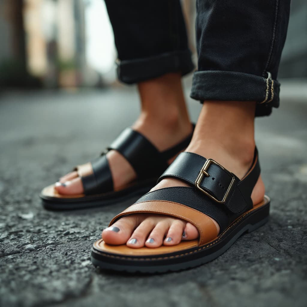 AI generated: ultra-realistic photo concept flat sandals  of an shoe, in the urban style photography, shot on a So...