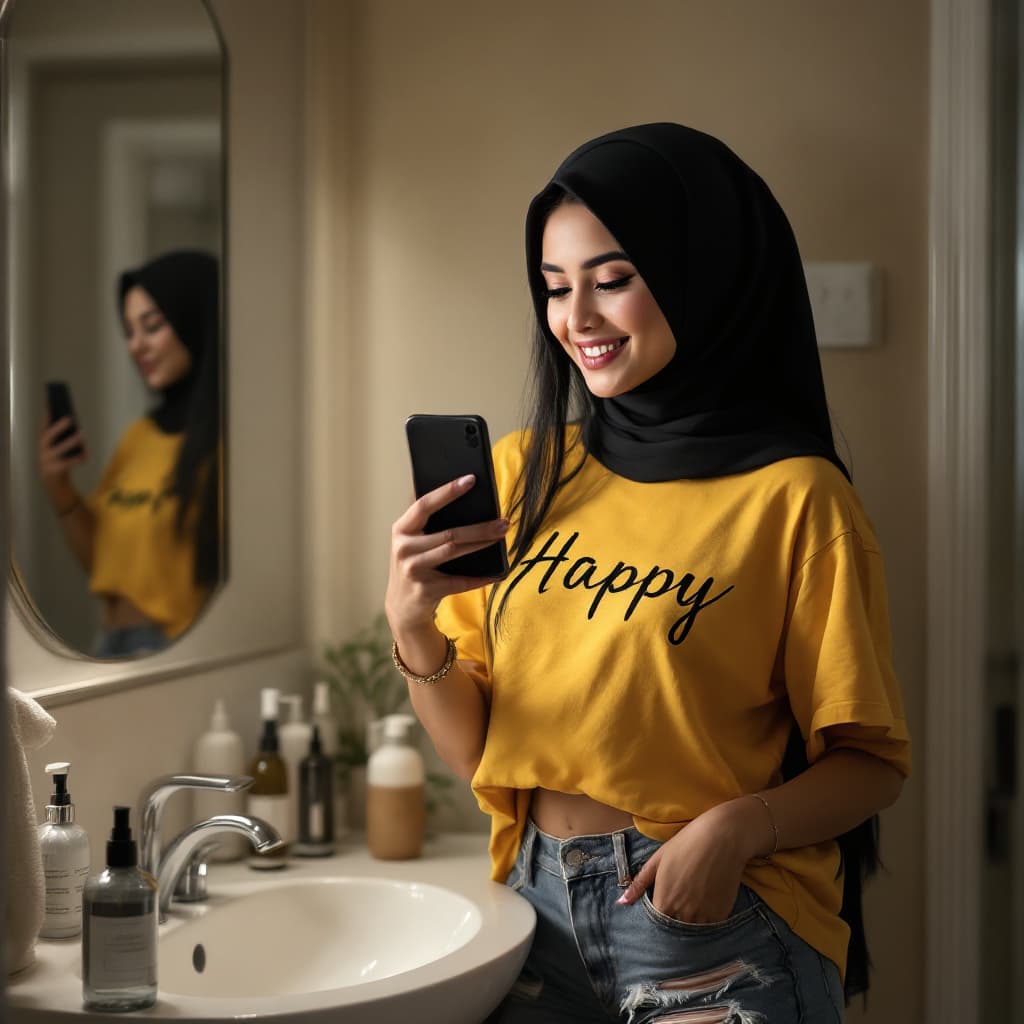 AI generated: A young muslim women with long black hair and wearing hijab is taking a selfie in her bathroom. She ...