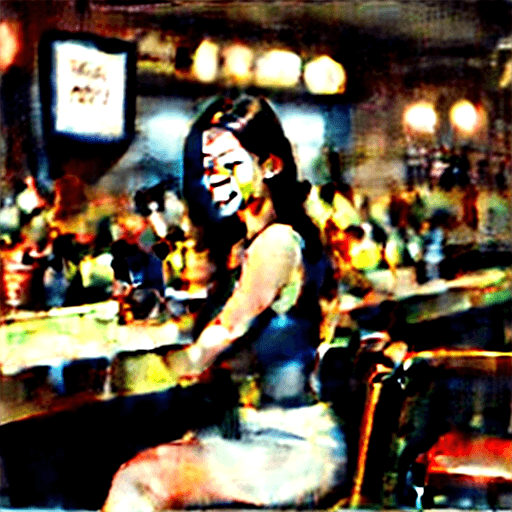 AI generated: Kodak disposable camera photo of a 33 year woman with dark hair, seated at a bar