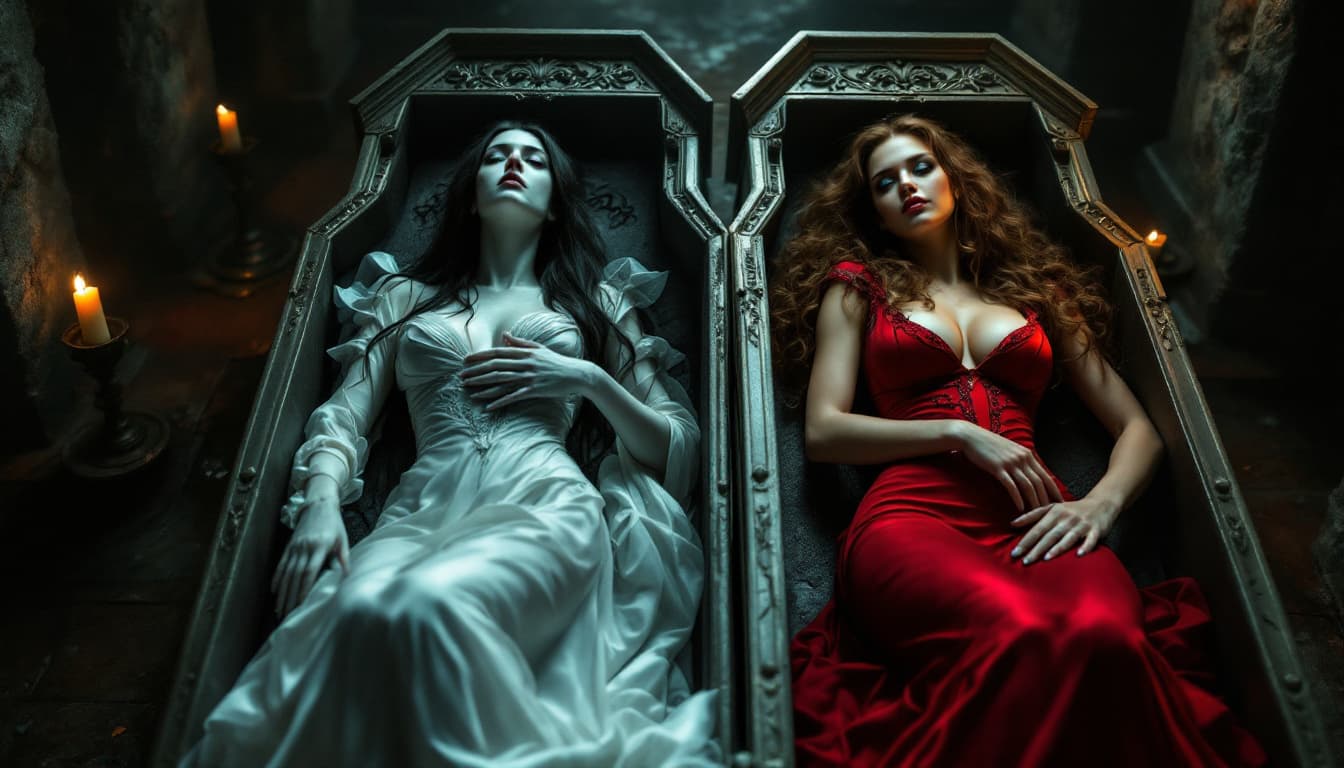 AI generated: In this haunting image, two female figures lie in ornate coffins, surrounded by the dark, dank atmos...