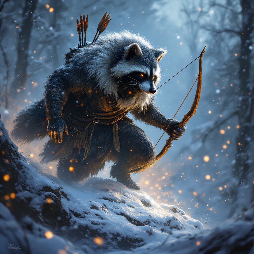 AI generated: a fusion between a man and a racoon, blizzard, winter, night, furs, fantasy, bow and arrows, by Greg...