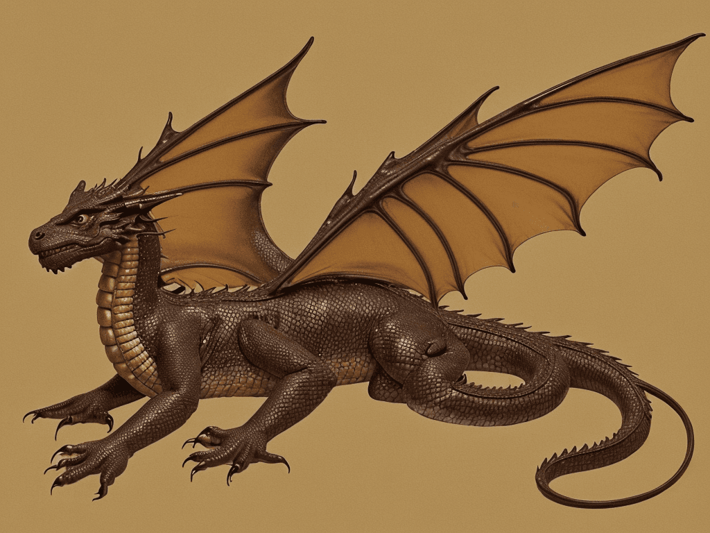 AI generated: The dragon's body is a deep, rich brown color, with a lighter brown underside and a long, slender ta...