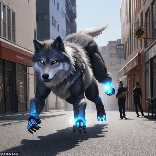 AI generated: a vibrant robot attacking wolf in a city street