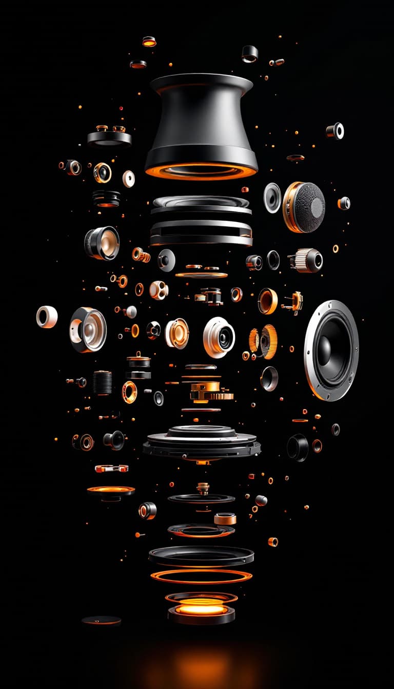 AI generated: a disassembled SPEAKER in an exploded view, dark background, high contrast