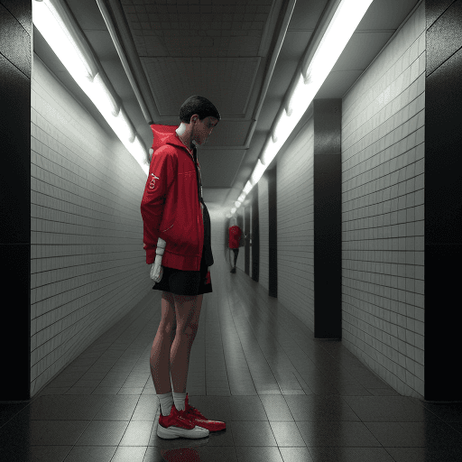 AI generated: Conceptual photography, Canon EOS-1D Mark III, f/5.6, crimson jacket and shorts with white Nike snea...