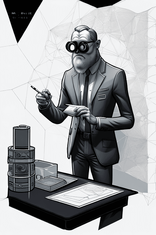 AI generated: A shockingly detailed monochromatic vector illustration of "Mr. Wolfe" examining a strange and other...