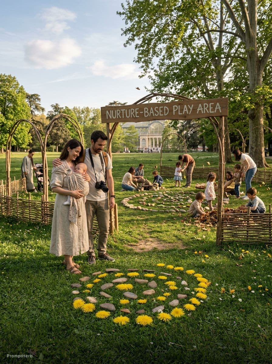 AI generated: A cinematic, realistic spring scene in Madrid’s Retiro Park. A mother, father, and baby enter an ope...