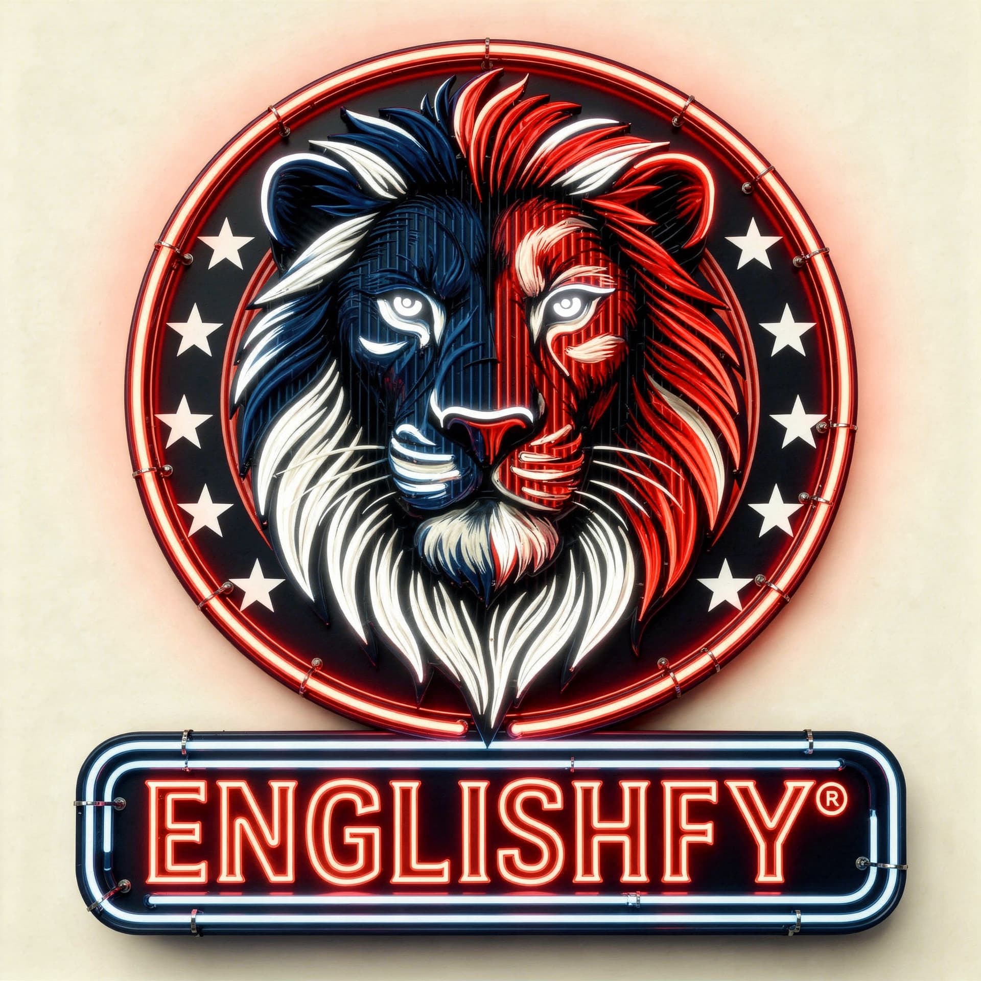 AI generated: Design a premium neon patriotic lion head emblem with luxury branding using only USA flag colors: re...