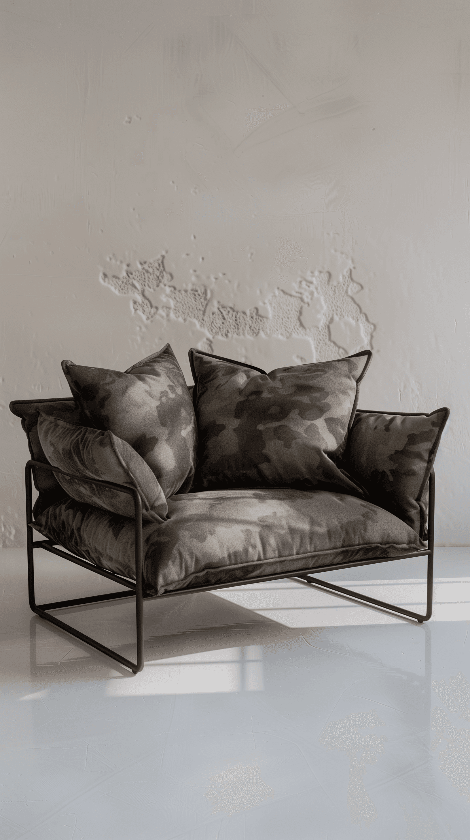 AI generated: productive photography, elegant small loveseat in a muted camouflage fabric, supported by a thin, ma...