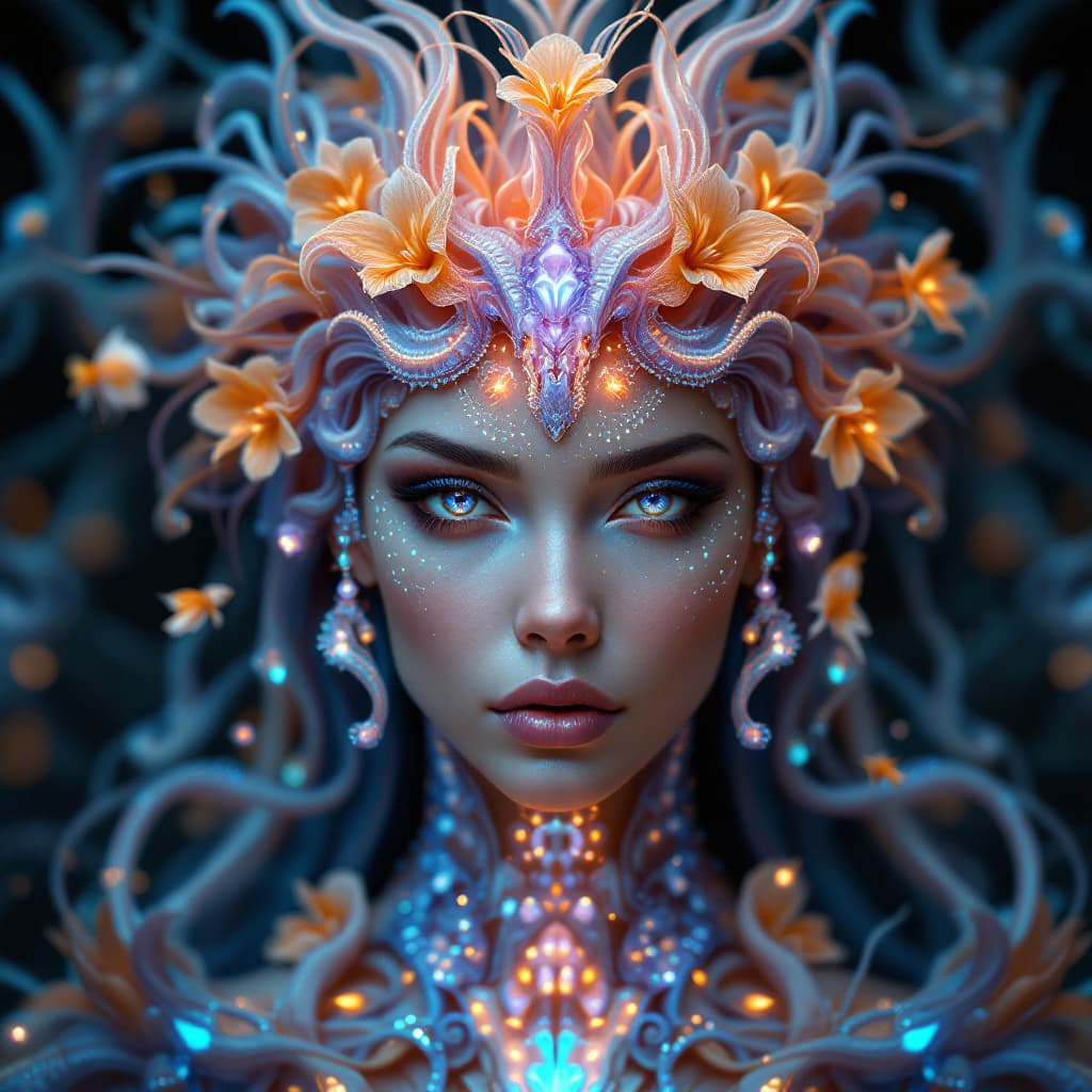 AI generated: Goddess close-up portrait ribcagel. jellyfish phoenix head, nautilus, orchid, skull, betta fish, bio...