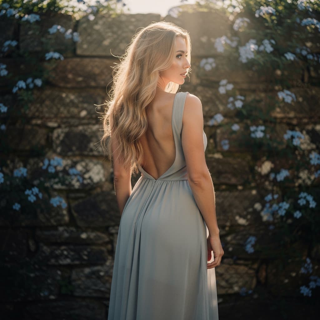 AI generated: standing facing an old stone wall blue flowers, (full length: 1.5) photo of a 30 years old (naked: 1...