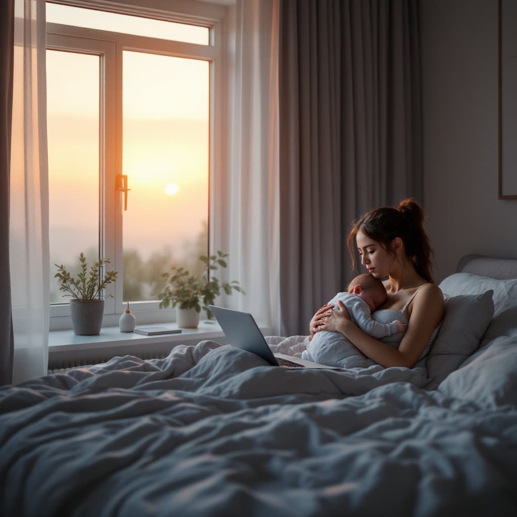 AI generated: Photo of a ultra realistic bedroom,  pale sunrise from window, cinematic lighting, women, hold baby,...