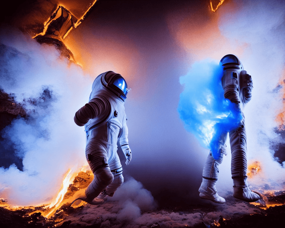 AI generated: two   white suited astronauts are  running wild in a futuristic smoky corridor in a spaceship. the r...