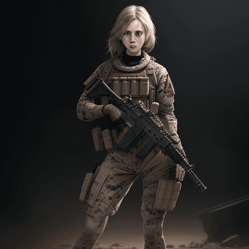 AI generated: caucasian female marine, dirty skin, gunatyou, gun, aiming at viewer, holding gun, to8contrast style...
