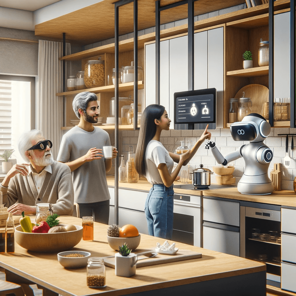 AI generated: A modern kitchen with a diverse human-AI interaction scene. In the center, a young Hispanic woman is...